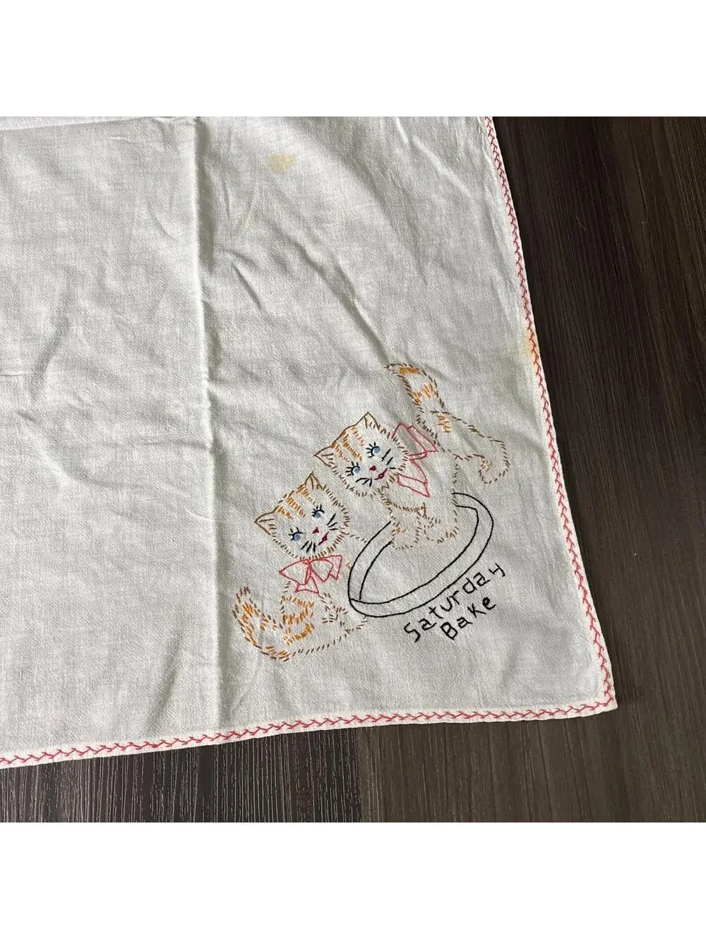 Hand Embroidery Cats Saturday Bake Day Vintage Tea Towel Decorative Dish Towel